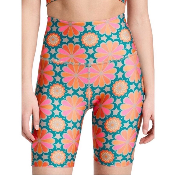 Beyond Yoga Pants - Beyond Yoga Flower Tile High Waisted Biker Shorts Small Blue Pink Floral Print